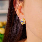 Brincos Hstern Vintage em Ouro Amarelo com Diamantes e Safira Azul