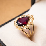 Anel De Ouro Amarelo Com Granada Gota E Diamantes